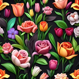 different varieties of flowers and leaves on a black background. Roses and tulips. 3D vector cartoon asset, mobile game cartoon stylized, clean and detailed.
