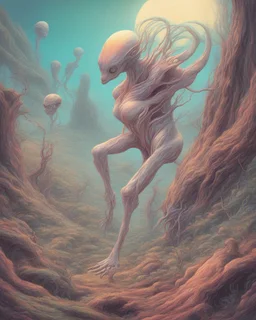 an ethereal and pastel alien creature, with shifting limbs and slender composition, is climbing through a strange wild landscape , highly polished, chrome airbrush style, dreamlike composition, color penciling color palette, surrealistic retro-futurism, rotoscoping, psychedelic aesthetic, metaphysical, highly detailed, arthur lismet, artstation, 1960s psychedelic drawing with art nouveau motifs, munch, vibrant, extra terrestrials art, vintage