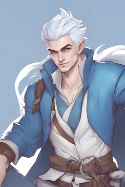 create a male air genasi bard from dungeons and dragons, blue tattoos, pointed ears, slight smile, white short hair, undercut, light blue eyes, wind like hair, blue jacket, digital art, high resolution, fantasy, strong lighting