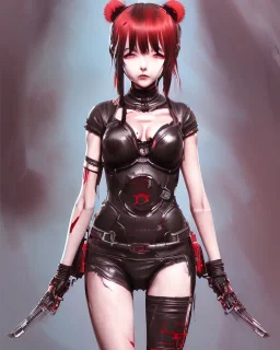 Detailed cute anime assassin girl, blood read hair buns, blood red bangs, black latex bodysuit, intricate details, full body portrait, keep head in frame, slight smile, black Japanese motif, concept art, highly detailed, digital painting, concept art, sharp focus, illustration, art by Yoji Shinkawa, WLOP and greg rutkowski and alphonse mucha and artgerm and yanjun Chen and Junji ito and Makoto Shinkai, HDR, octane render