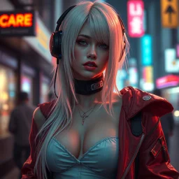 a cyberpunk woman in streetwear, elegant and ethereal, pale hair, secretly robotic, digital art