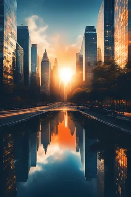 (double exposure:1.3), 4k iphone wallpaper, ultra sharp, best quality, masterpice, intricate details, gradient sky, orange sky, symmetric, new york, big city, megapolis, blue buildings, roads, massive skyscrapers, glass buildings, many buildings, reflections in windows, cloud, minimalist landscape, forest, huge sun, huge lake, buildings reflections in the lake, mountain, mountainous horizon, night sky, massive green tree