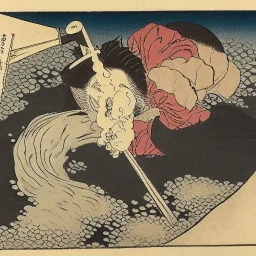 Knive in Skull in water smoking by Hokusai