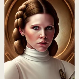 round framed complete and ultra detailed head to waist portrait of young carrie fisher as Princess Leia with detailed hairstyle by Mandy Jurgens and mucha and Richard Schmid and chuck close and chie yoshii, beautiful detailed ceremony dress of star wars,