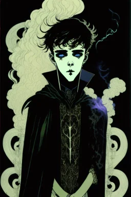 17 year old boy, necromancer, friendly, looks dead, surrounded by weird smoke with eyes, wearing black robes, in the style of Harry Clarke