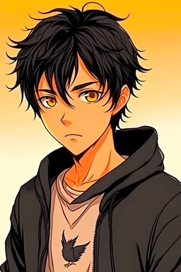 A boy 19 years old with black ish hair wearing black hoodie and a Feather owls,Okkutsu Yuta Hairstyle manga in ,Anime