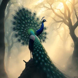 Majestic peacock with elaborate tail display, mystical forest background, soft morning mist, ancient trees with golden light rays, floating sparkles, ethereal atmosphere, dreamlike quality, fantasy setting --ar 1:1 --v 7