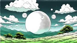 giant virtual moon, maximum quality, centered on frame, far view, in the middle of a grassy hill, white sky with cumulonimbus, manga