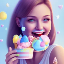 cute, adorable, smiling girl eating ice cream, candies flying all around her, Pixar, disney, cinema lighting, gaming, 8k, magic, love --q 1 --v 4