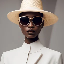 a close up of a Fashion design work feauturing a (Chanel) female (Nigerian) model wearing minimalist women’s clothing, wearing a big hat and Chanel sunglasses, shot in a Bauhaus buiding with bright and soft lighting, creative a minimalist and sleek style with a sense of sophistication and high end feeling, fine lines and intricate details, realistic anatomies, Nikon D800, shot with Sony Alpha a9 Il and Sony FE 200-600mm f/5.6-6.3 G OSS lens, natural ligh, hyper realistic photograph, ultra detail