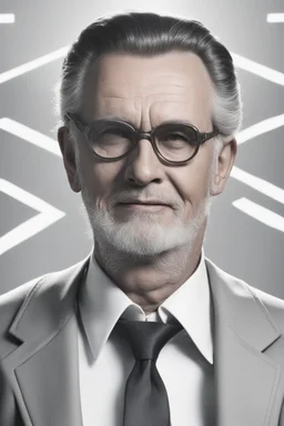 A portrait of a man in hir 50s. From the future