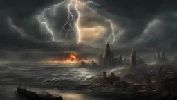 A gigantic and seismic Dark primordial storm slowly approaches with a gigantic tsunami ominously creeping up towards a coastal city in fear and asleep as the beast is about to unleash total and absolute chaos and annihilation, the terror is real and fear is present and far reaching, post apocalyptic and brutally devastating, total catastrophe, fire, thick clouds and lightning adds big drama, insidious, storm of the century, it brings death and destruction, thick and atmospheric