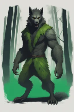 concept art of a werewolf with green fur, digital artwork, illustrative, painterly, matte painting, highly detailed, cinematic composition