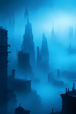 blue city covered in mist