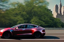 A Tesla 'Model S' is drifting at high speeds, in the 'Central Park' in New York City. (CINEMATIC, WIDE ANGLE LENS, PHOTO REAL)