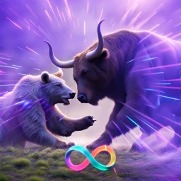 brightly coloured 3D infinity symbol ∞, bull with horns on right fighting with a bear on left, bull is winning, DSLR with a 80mm lens f/16 and a slow shutter speed of 1/15s, realistic photograph, striking, neon, vibrant, chiaroscuro, dramatic, captivating, high-tech, powerful, fantasy, beautiful, octane render, 16k post-production, award-winning photo: atmospheric: commanding: clarity: ultra quality: striking: brilliance: stunning colors: amazing depth