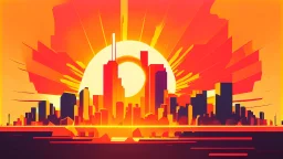 minimal design,shapes, synthwave, synthwave sun, synthwave city, simple,iconic:1.8), Explosion of color in city, comic style