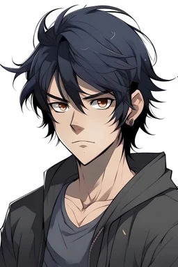 A magical character black hair 21 years old possessing wisdom and deep thinking angry as he gazes at the camera.2d