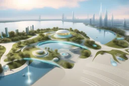 тематический парк города будущего 2050, сказка, сияние, абстракция, вид с высоты птичьего полета, прогулочный парк