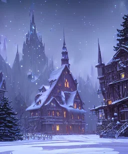 A magical snowy warlock gothic castle with river canals and a large Christmas tree