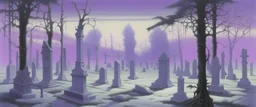 A light purple graveyard with ghosts painted by Caspar David Friedrich