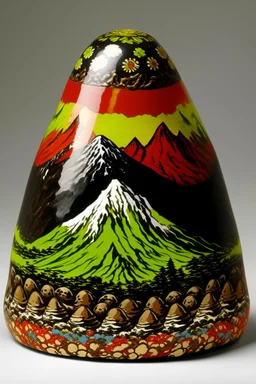 A brown volcanic summit designed in Matryoshka dolls painted by Andy Warhol
