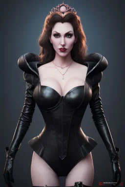 Brandi Love as evil queen in black leather, leather, busty, cleavage, angry, stern look. character design by cory loftis, fenghua zhong, ryohei hase, ismail inceoglu and ruan jia. unreal engine 5, artistic lighting, highly detailed, photorealistic, fantasy