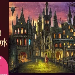 A magical gothic canal city of wizards, witches and warlocks with a castle and huge caravan houses Nick Harris style