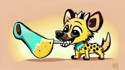 Cute chibi-style hyena dog, eating a big bone, cartoony, colorful, exaggerated, simplified, adorable