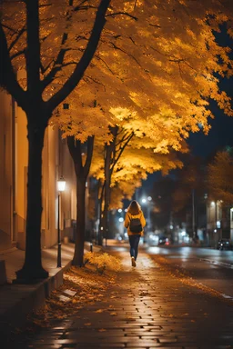 night yellow lights over the street trees autumn leaves under feet ,a Student adult girl with books in her bag walking in street back to camera