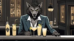 A happy werewolf with a pompadour haircut drinking a Pina Colada at a bar in London. Illustration.