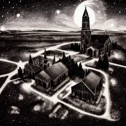 aerial wide view contemporary crime fiction, old stone church, French village at night, big sky, templar seal, occultism, dark, night, epic illustration, color wet plate , album cover