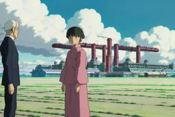 Yui stands with Toshi, an older man with a haunted gaze, revealing a history tied to the ominous AeroCorp. In the backdrop, the AeroCorp's massive, industrial complex ominously towers over the natural landscape.