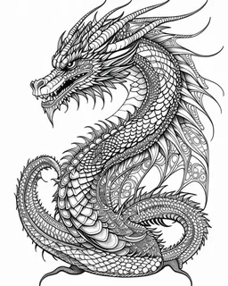 dragon tattoo, coloring book page, clean line art, adults drawing book, Black and white only, crisp black lines, sharp lines, coloring page for adults, black and white picture, lots of details, tattoo style,tattoo ideas, full body