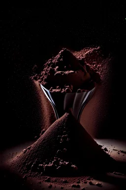 protein powder, scoop, piles, powder, brown, view from the front, dark studio setting, black background