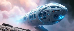 celtic knot ornate indented space ship, shiny bright slug mega ship snail flourescent white blue like bubble gum with many windows and decks, interdimensional twister, rock against colored spaced fog, space interior
