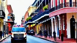 A police Tesla Cybertruck is chasing a Tesla 'Model S Plaid' at top speed, across the 'French Quarter' in New Orleans, Louisiana. CINEMATIC. WIDE ANGLE LENS.