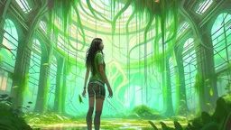 floating alien jellyfish, rampant foliage, and vines, inside a huge vaulted alien building, woman with black hair in a ponytail, in camouflage trousers and jacket, photorealistic, Intricate Detail, sunny day