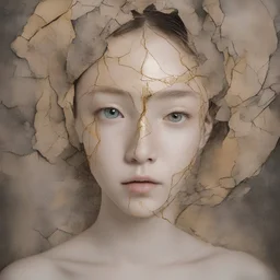 Face of a girl l repaired with the Kintsugi technique, lobg hait parted in the middle