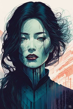 create an imaginative print illustration of an ethereal, otherworldly gaunt and withered ancient female Lasombra vampire , in the style of Hasui Kawase , Shiro Kasamatsu combined with the graphic novel style of Bill Sienkiewicz, with highly detailed feminine facial features