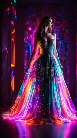 Photography Beautiful woman with dress art neons glowing bright light in the dark and colorful details