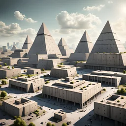 Brutalist cityscape totalitarian concrete pyramids angular realistic dystopia daylight