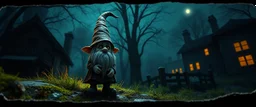 style John Atkinson Grimshaw,3d airbrush render, cut out darkling slender gnome with bright aura , pinhole cam, airbrush 3d rendering, torn edges on border