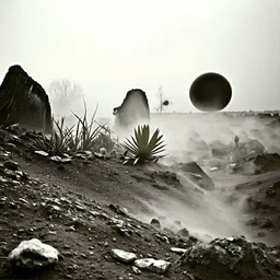 A striking quality Kodak photograph captures a wasteland with monsters and group of plants, creepy, details of the dust very accentuated, glossy organic mass, adorned with minerals and rocks. Bathed in intense light, eerie, Max Ernst style, black sun, fog