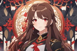 woman with long brown hair and red eyes from Genshin Impact, intricate background, intricate face, contemplative, anime style, dynamic composition