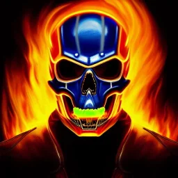 ultra detailed fullbody portrait of Ghost Rider Riding His Fire Motorcycle , extremely detailed digital painting, intrincate, extremely detailed smiling face,crystal clear Big Green eyes, in the style of Pablo Oliveira , mystical colors , perfectly centered image, perfect composition, rim light, beautiful lighting,8k, stunning scene, raytracing