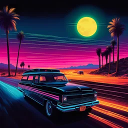 Last Drive: rear 3/4 view, ((a man (with long hair and sunglasses) in a hearse car by night in the desert, aside a beautiful girl driving)). Neon speed lines and a motel in background. grainy photo realistic, 80's horror poster, Frazetta, synthwave, dark and moody ambience