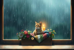 A wide, cinematic digital painting viewed from outside a large rain-covered window. A cat sits inside on a broad windowsill, nestled in a flower-filled planter box and partially wrapped in a colorful blanket. Raindrops streak and bead on the glass, some shaped like delicate teardrops. The cat gazes out with calm curiosity. Behind it, warm candlelight or a soft amber lamp glows, casting golden light on the cat’s fur. The wide window frame allows space on either side, creating a peaceful, balanced