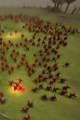 a red battle field with dead orcs