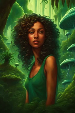A vibrant portrait captures a young woman with cascading, curly hair engaged in communication with diverse extraterrestrial creatures in the lush green jungles of a distant and exotic planet.